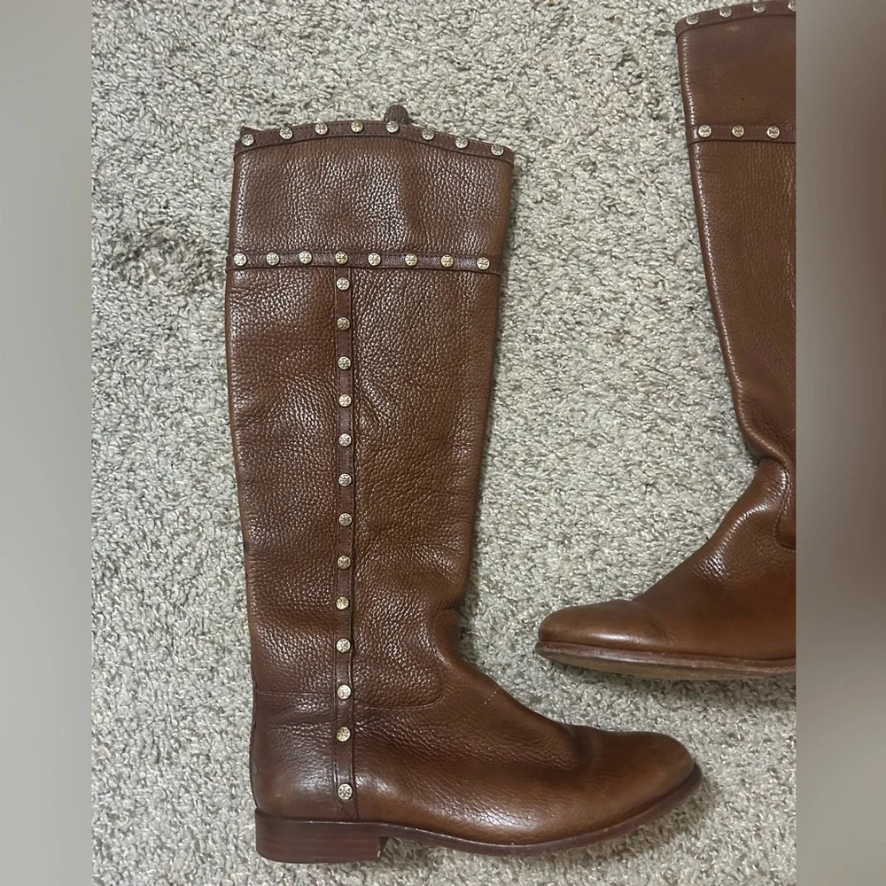 Tory Burch Mae Gold Studs Brown Pebble Leather Tall Riding Boots Women's Size 6